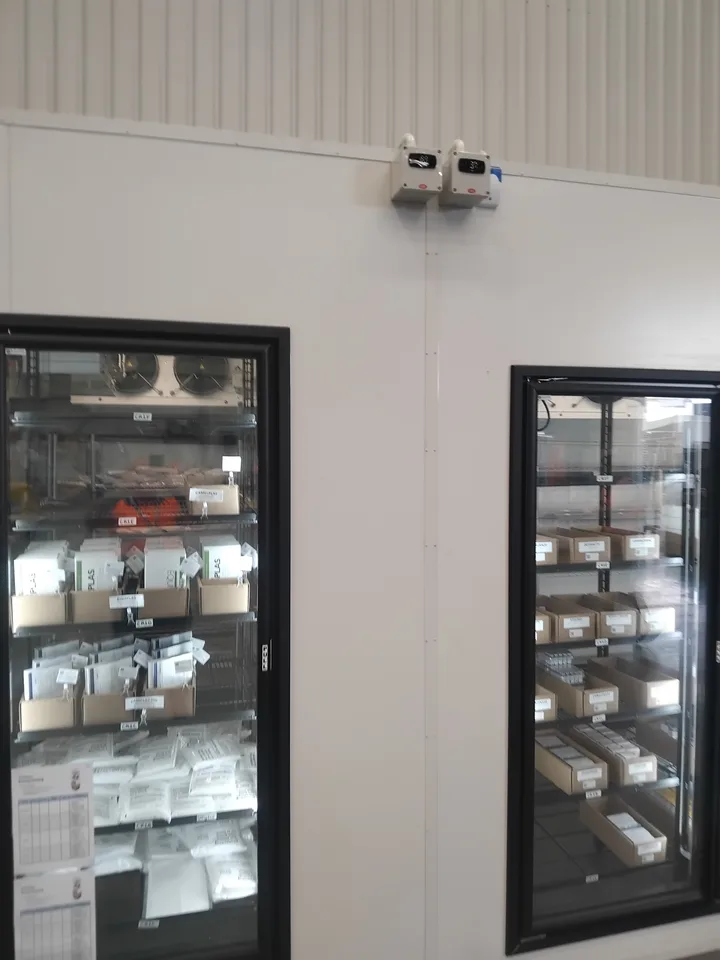 Interior of the dual-temperature cold storage room with shelving and refrigeration equipment